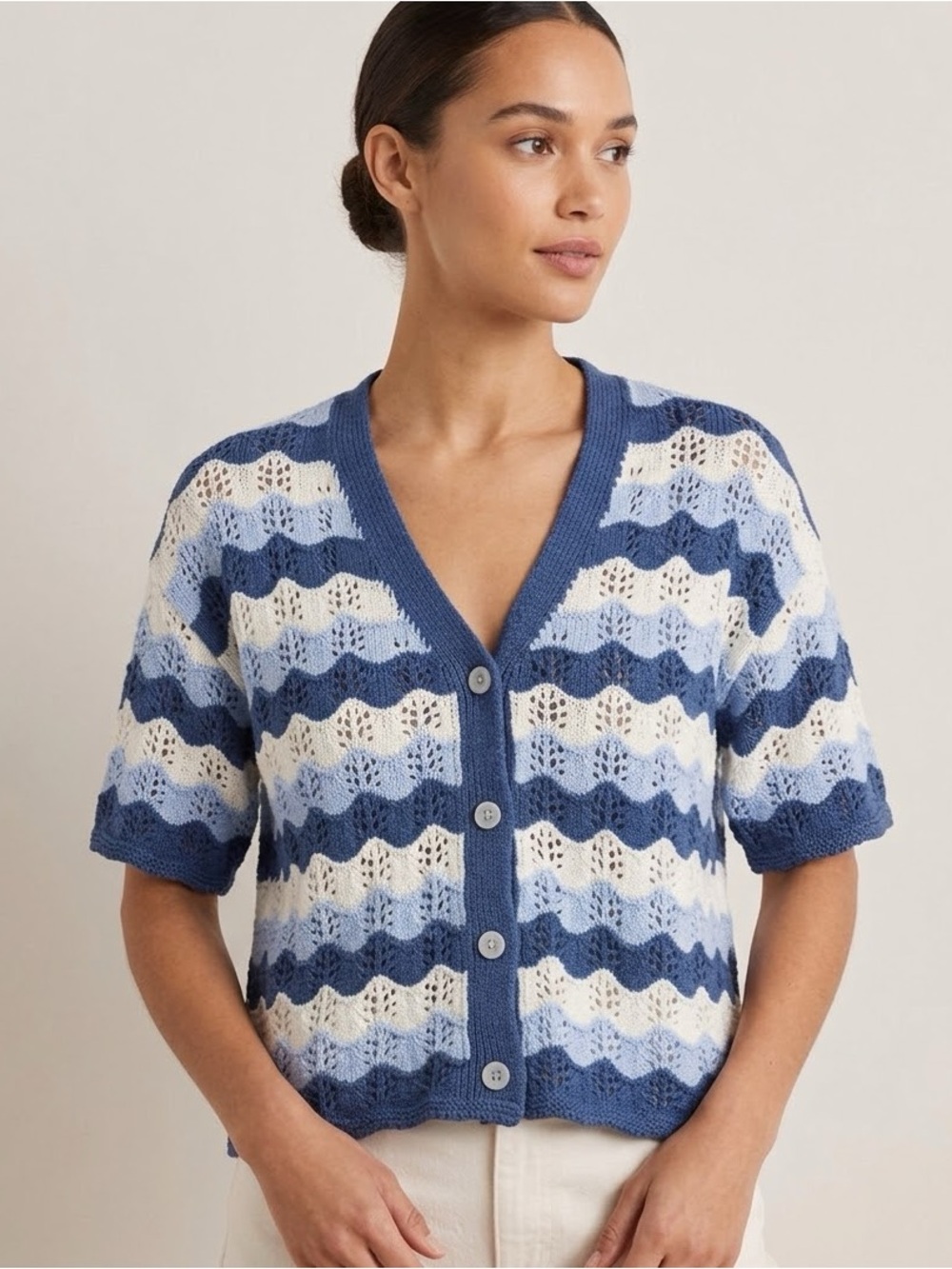 Blue and White V-Neck Button Cardigan